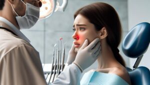 a person experiencing dental pain during a dental exam, holding cheek while a dentist examines their lower teeth.