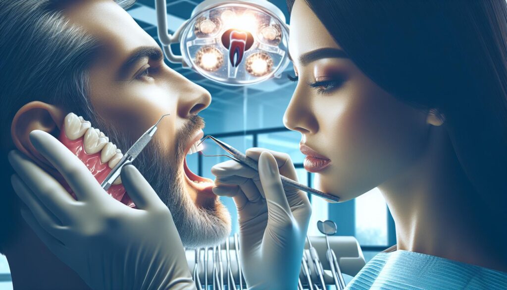 a dental professional examining and preparing a patient’s chipped front tooth for restoration using precision tools.