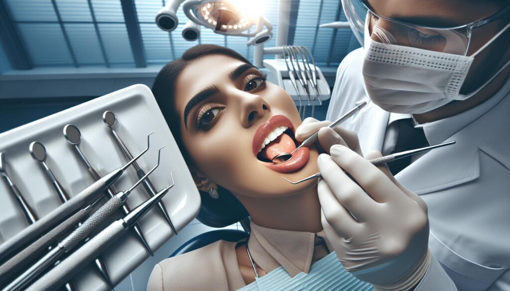 a dentist examining a patient’s teeth with dental tools while the patient’s mouth is open, highlighting oral health procedures.