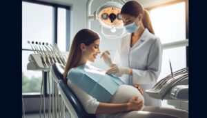a pregnant woman receiving dental care from a dentist using sterile tools in a modern clinic setting