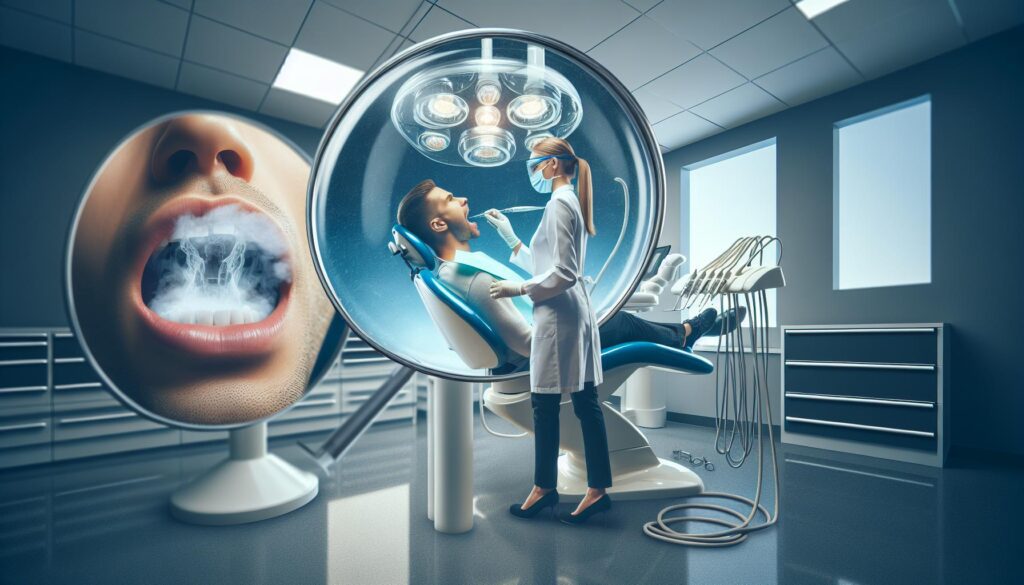 a dentist administering nitrous oxide sedation while examining a patient’s teeth under bright surgical lighting, with a magnified view of a mouth showing dental work.