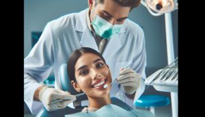 a dentist examining a patient’s smile during a dental restoration procedure, focusing on tooth repair with dental tools.