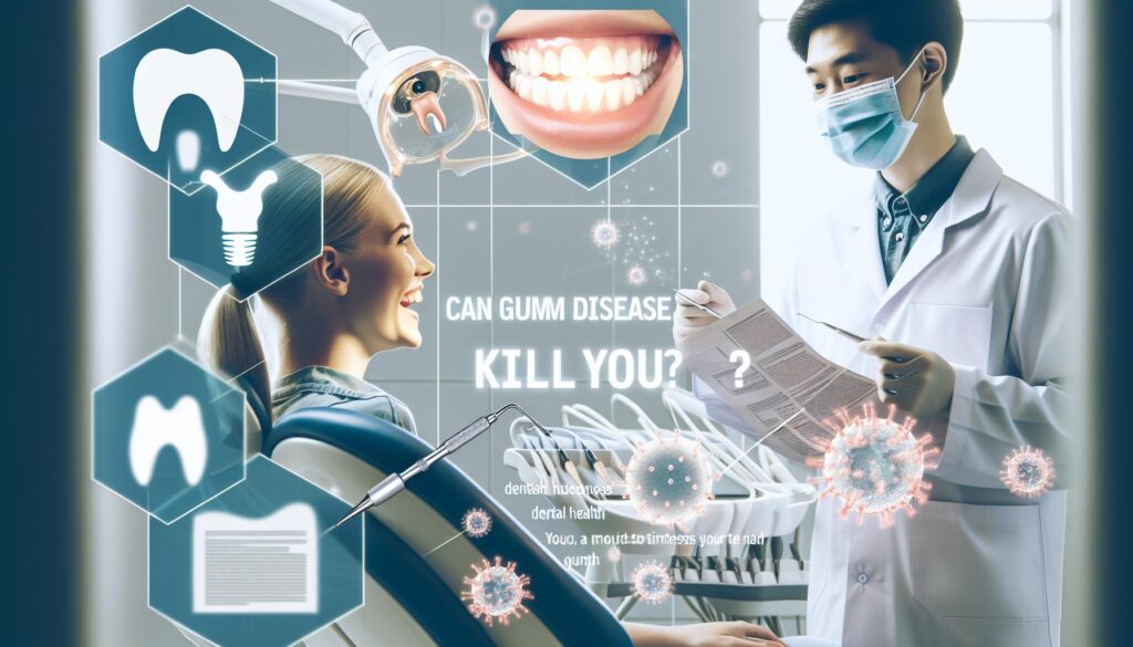 a dentist and patient discussing gum health risks, with visuals of dental tools, inflamed gums, bacteria, and a question about gum disease complications.