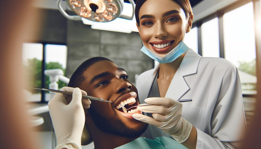 a dentist examining a patient’s mouth with dental tools, focusing on a chipped front tooth during a dental checkup.