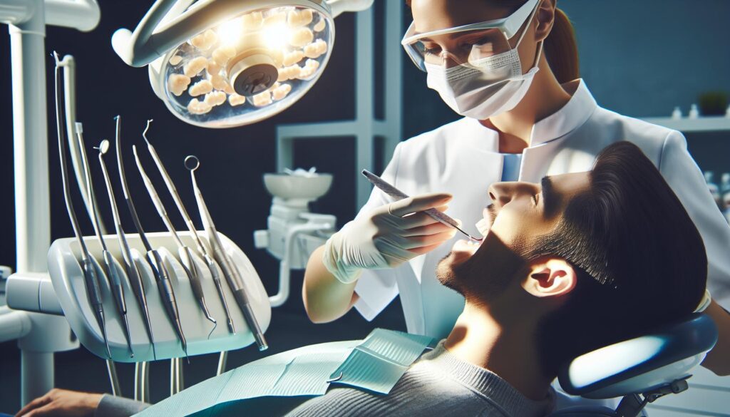 a dentist administering nitrous oxide sedation to a patient during a dental procedure in a modern clinic