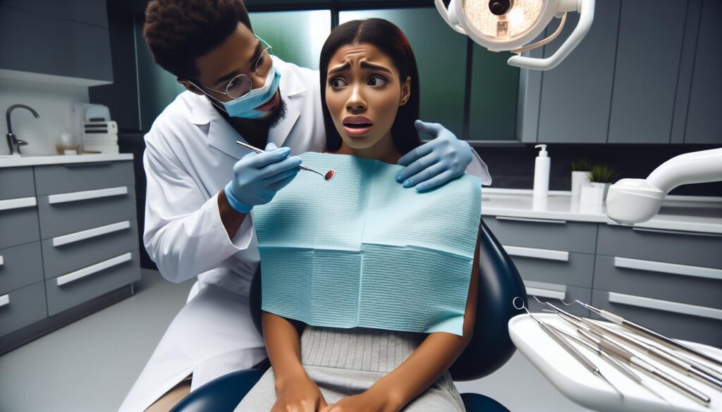 a dentist examining a patient’s mouth with dental tools while the patient looks anxious, likely during an abscess-related dental procedure.