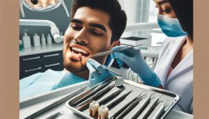 a dentist examining a patient’s teeth with dental tools, highlighting oral health procedures in a clinical setting.