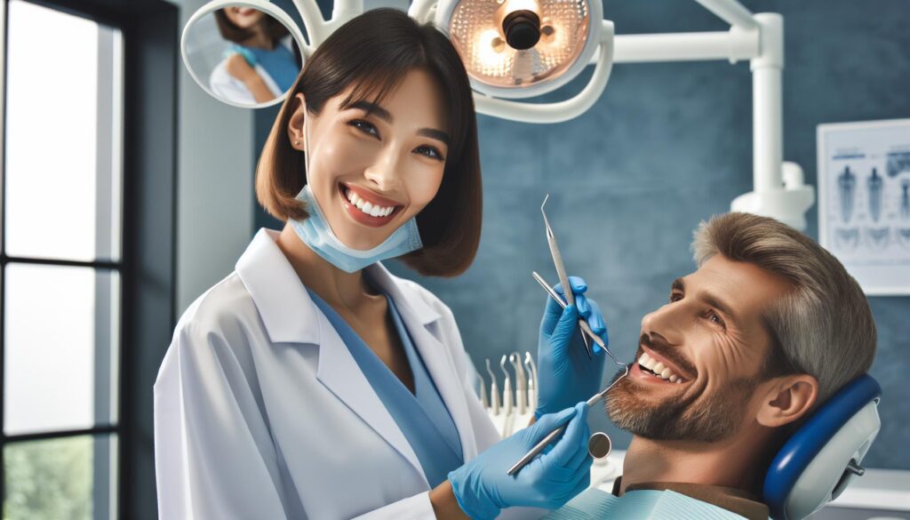 a dentist examining a patient’s teeth with dental tools, showcasing a bright smile restoration procedure.