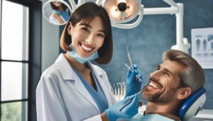a dentist examining a patient’s teeth with dental tools, showcasing a bright smile restoration procedure.