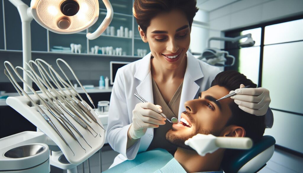 a dentist examining a patient’s teeth with dental tools, showcasing budget-friendly dental care options for repairing broken teeth