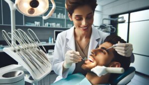 a dentist examining a patient’s teeth with dental tools, showcasing budget-friendly dental care options for repairing broken teeth