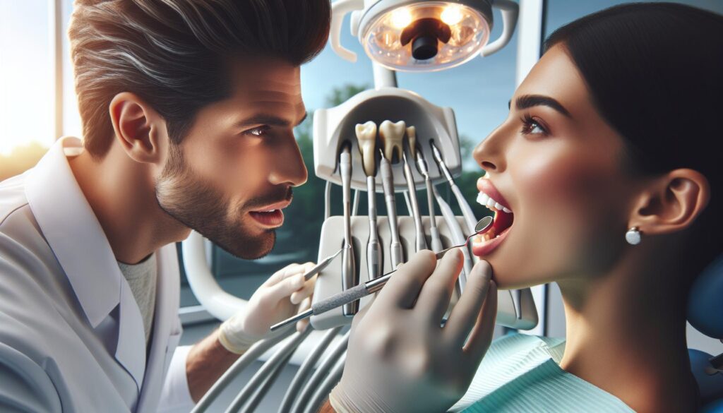 a dentist examining a patient’s teeth using dental tools in a clinical setting