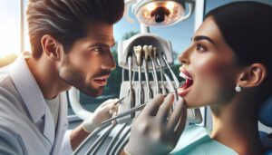 a dentist examining a patient’s teeth using dental tools in a clinical setting