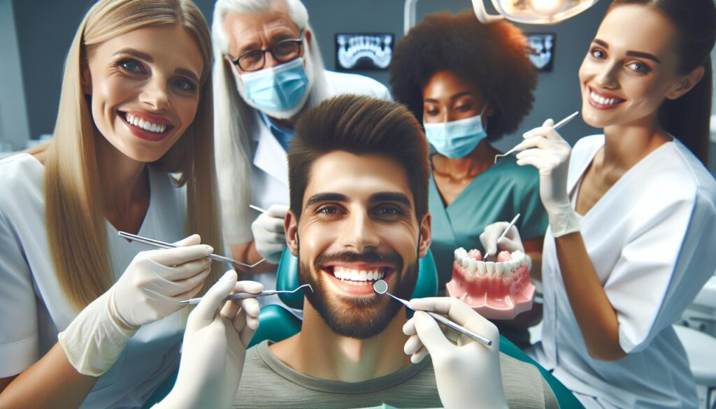 a cheerful group of dental professionals examining a patient’s smile, highlighting dental tools and a model jaw with perfect alignment.