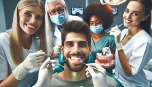 a cheerful group of dental professionals examining a patient’s smile, highlighting dental tools and a model jaw with perfect alignment.