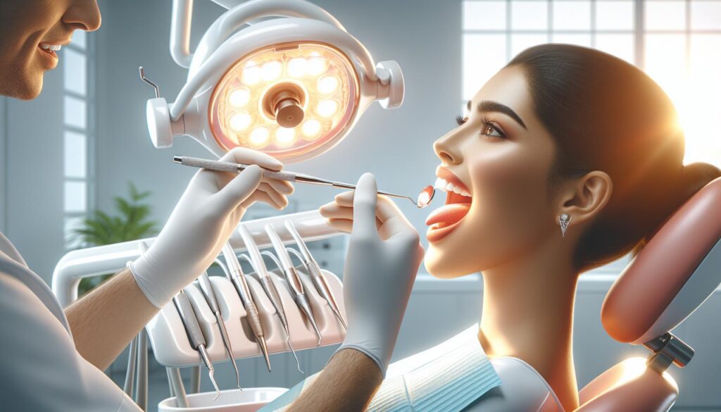 a dentist examining a patient’s mouth with a dental light, highlighting a healthy, light pink tongue during an oral health checkup.