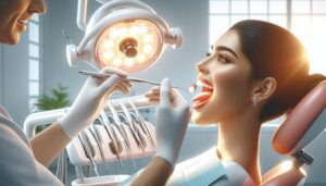 a dentist examining a patient’s mouth with a dental light, highlighting a healthy, light pink tongue during an oral health checkup.