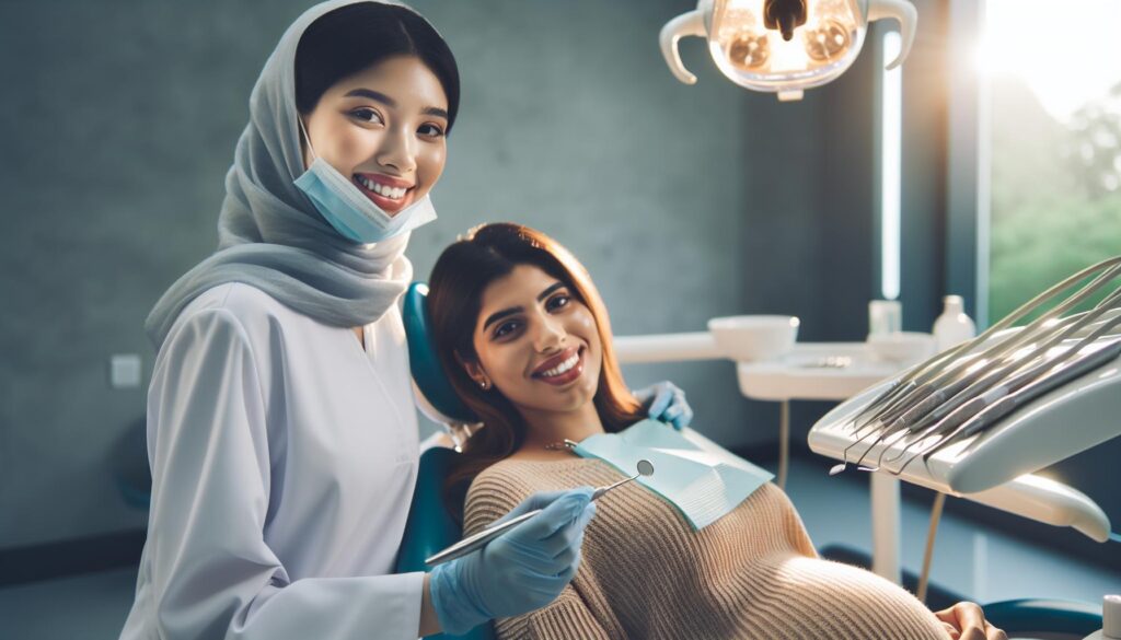 a dentist in protective gear smiling while examining a pregnant patient reclined in a dental chair during a dental procedure