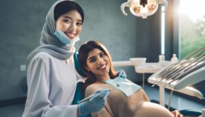 a dentist in protective gear smiling while examining a pregnant patient reclined in a dental chair during a dental procedure