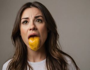 a person with a yellow-coated tongue protruding slightly from their mouth.