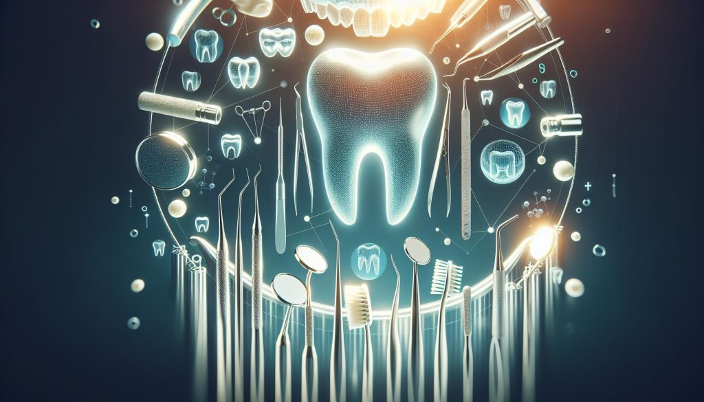 a futuristic illustration of dental tools and molars highlighting grooves where food particles can lodge, emphasizing oral hygiene and dental care.