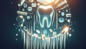a futuristic illustration of dental tools and molars highlighting grooves where food particles can lodge, emphasizing oral hygiene and dental care.