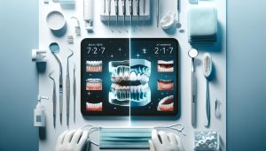 a futuristic dental workspace showing a tablet comparing morning and night brushing times with visual oral health metrics, surrounded by dental tools and hygiene products.