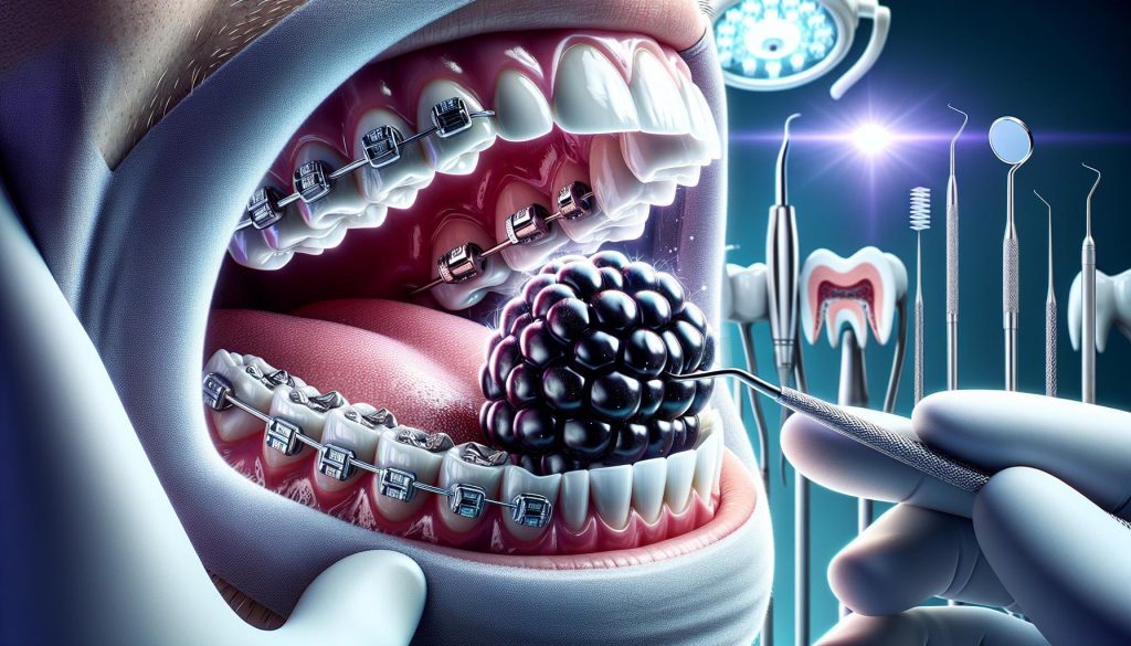 a dental professional using tools to carefully remove a blackberry seed from braces on a patient’s teeth during orthodontic treatment