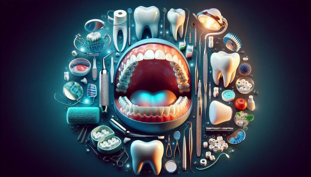 a detailed illustration of dental tools, teeth, gums, and oral hygiene items highlighting gaps between teeth, plaque buildup, and food particles trapped in gums.