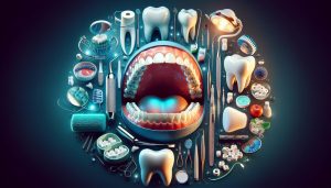 a detailed illustration of dental tools, teeth, gums, and oral hygiene items highlighting gaps between teeth, plaque buildup, and food particles trapped in gums.