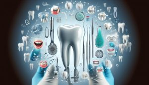 a detailed illustration of dental tools, teeth, and oral hygiene products surrounding a large tooth, emphasizing dental health practices.