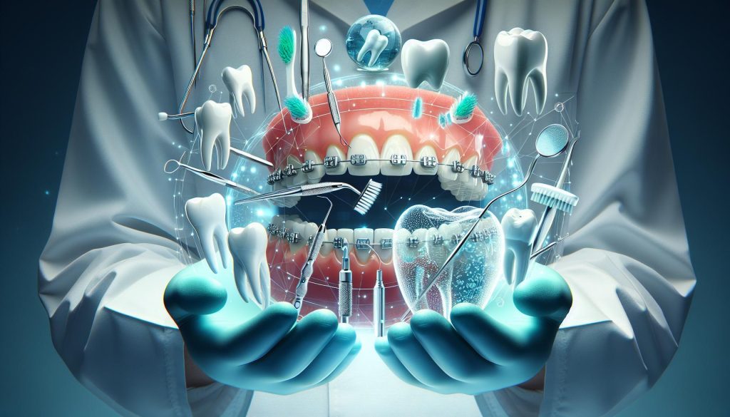 a futuristic illustration of dental tools and teeth revealing oral hygiene secrets, including braces, brushing, flossing, and gum health.