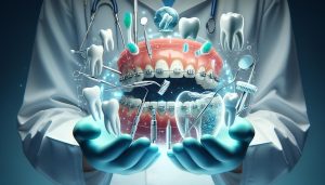 a futuristic illustration of dental tools and teeth revealing oral hygiene secrets, including braces, brushing, flossing, and gum health.