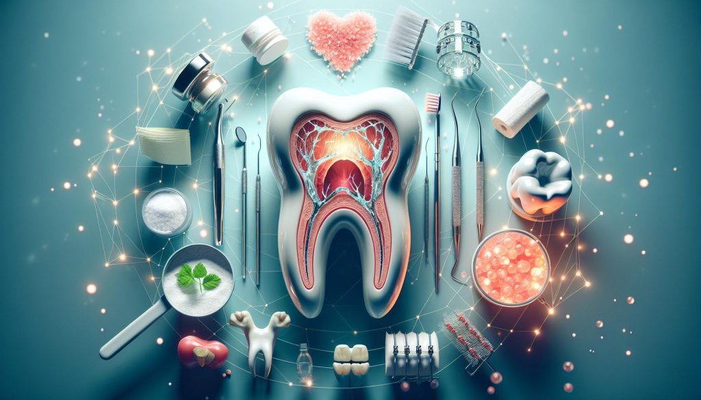 an anatomical cross-section of a tooth surrounded by dental tools, natural remedies like herbs, salt, and a bowl of red berries, and items illustrating home care for gum inflammation relief and oral hygiene.