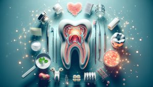 an anatomical cross-section of a tooth surrounded by dental tools, natural remedies like herbs, salt, and a bowl of red berries, and items illustrating home care for gum inflammation relief and oral hygiene.