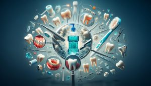 a futuristic, detailed illustration of dental hygiene tools, mouthwash dispenser, teeth models, and orthodontic devices under magnifying lenses.